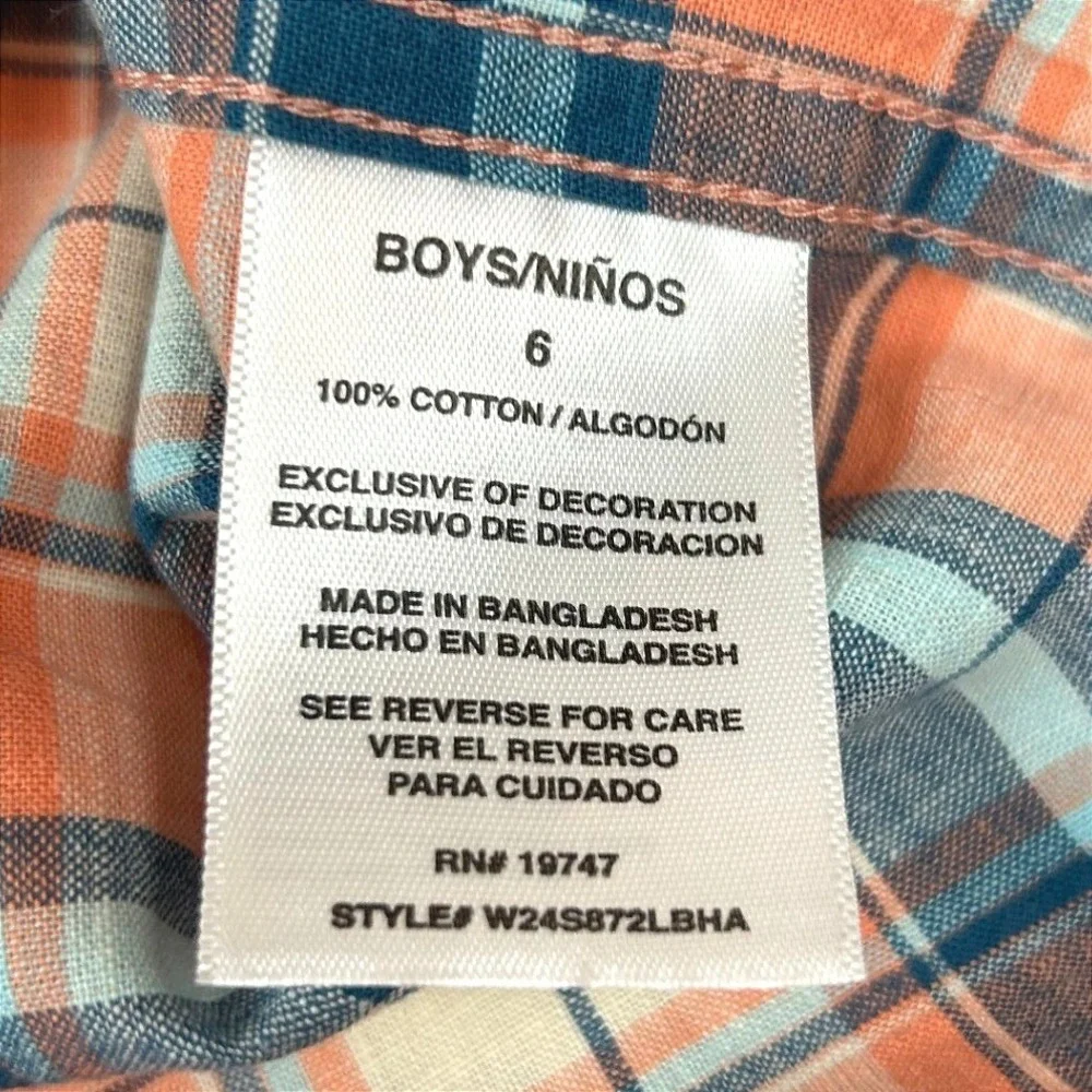 NWT Wrangler Boys Plaid Button Down Shirt Orange Blue Short Sleeve‎ Size 6